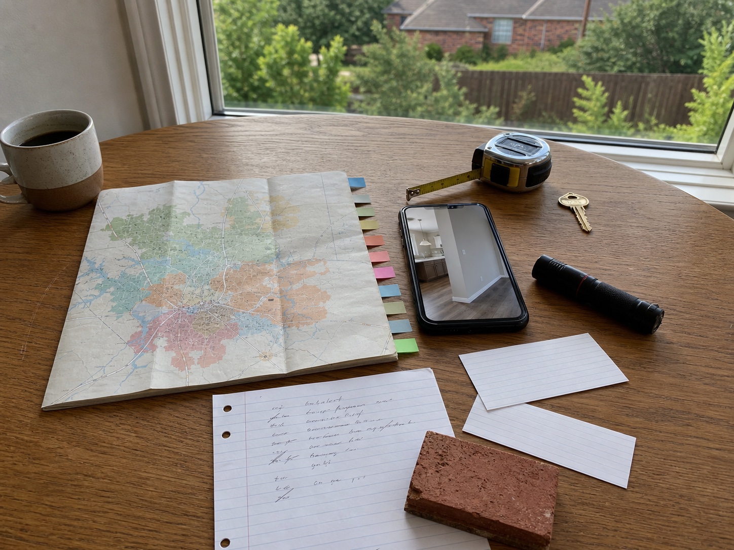 A South DFW buyer planning desk with a city map, home-tour phone, key, tape measure, flashlight, and notes