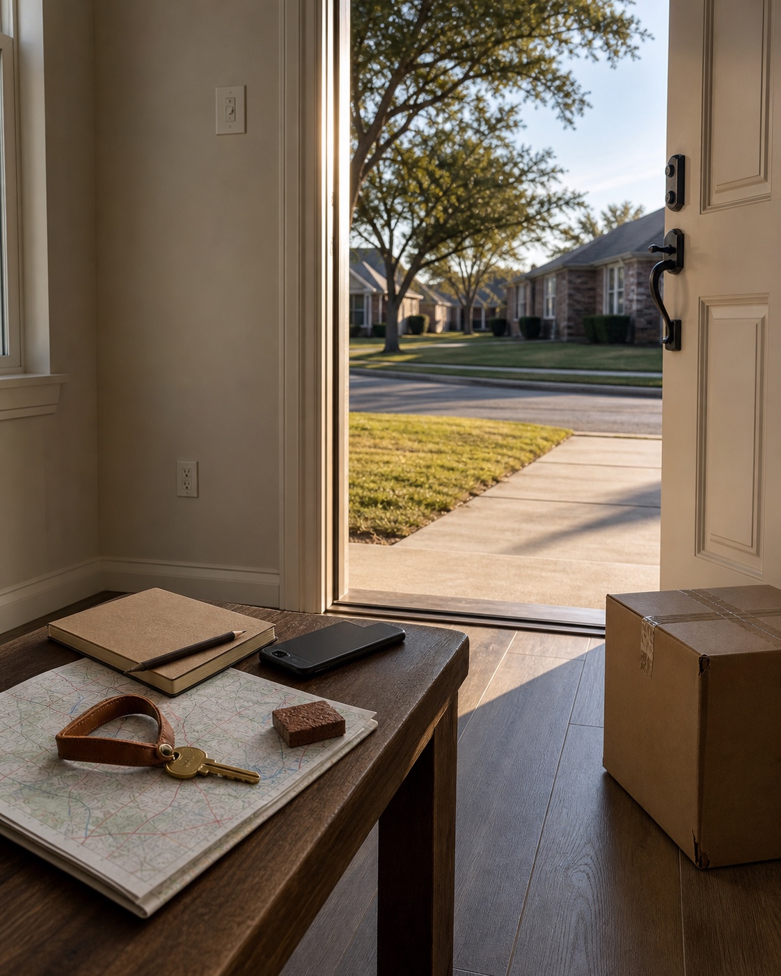 An open North Texas front door with a home key, moving plans, and a South DFW neighborhood beyond